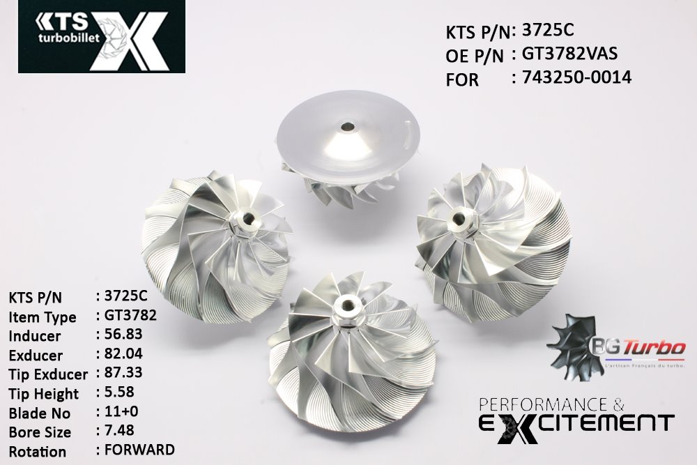 Turbo ROUE FORGÉE MFS PERFORMANCE - 11+0 PALES - INDUCER : 56,83 - EXDUCER : 82,04 - TYPE : GT3782VASANGLE : 60° - ROTATION : Forward - SUPER BACK : 5,4 - BORE SIZE : 7,48
